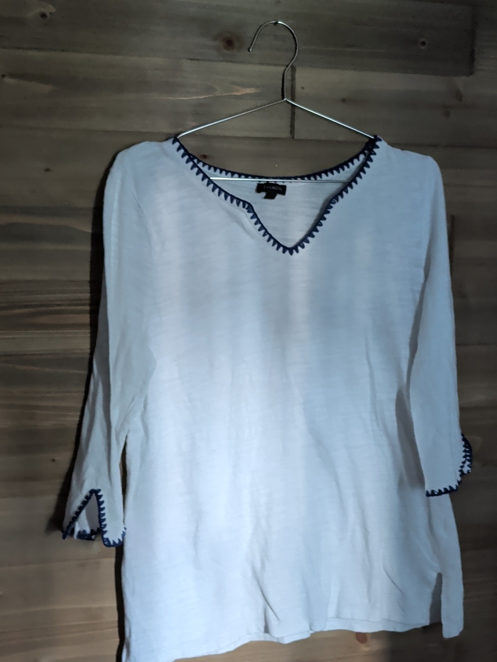 Talbots White V-Neck Tunic with Navy Trim